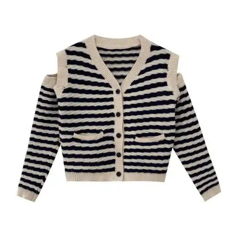 Striped Knit Cardigan with Pockets-Black-1