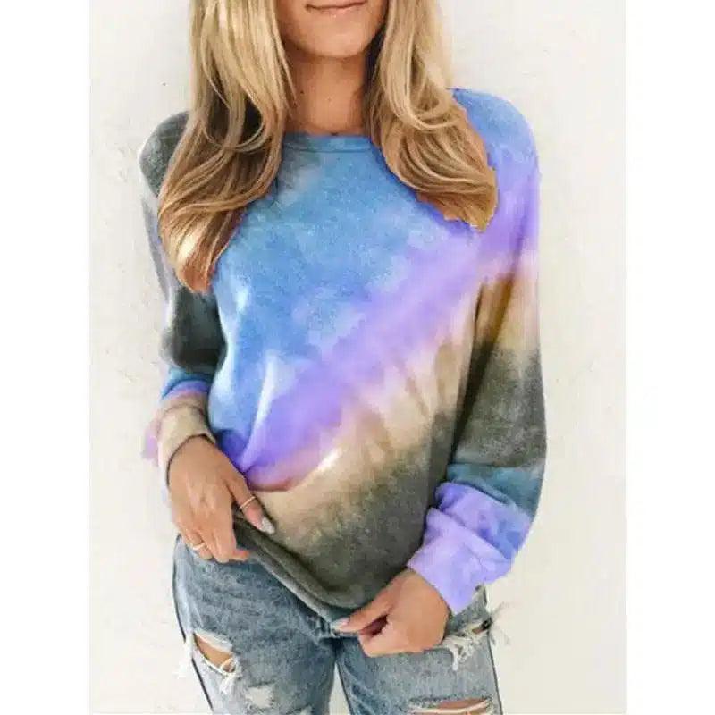 Tie-Dye Crewneck Casual Women's Sweatshirt-Blue-2