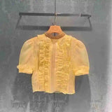 Ladies Ruffled Short Sleeve Blouse-Yellow-1