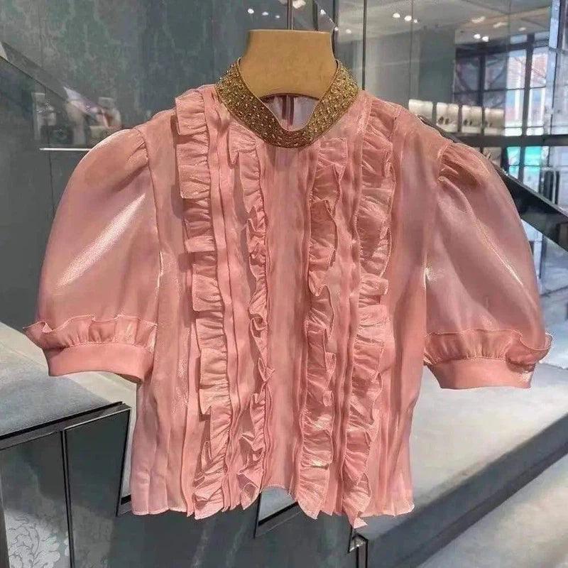 Ladies Ruffled Short Sleeve Blouse-Pink-2