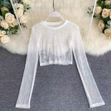 LOVEMI - Lovemi - See-through Mesh Hollow Solid Color Pullover Long