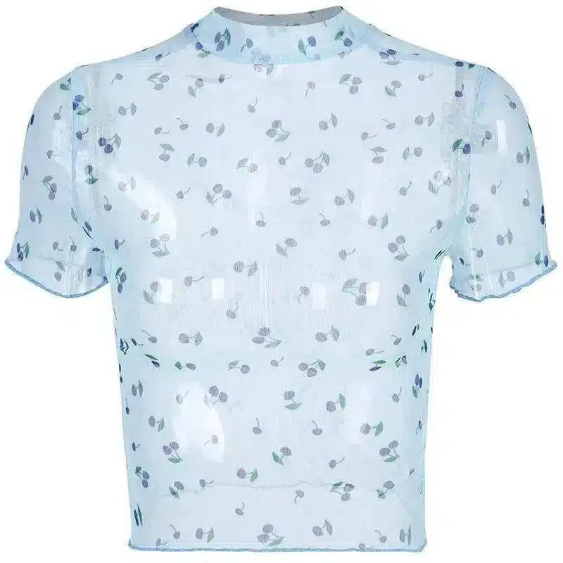 contrast mesh short-sleeved umbilical top-Blue-3