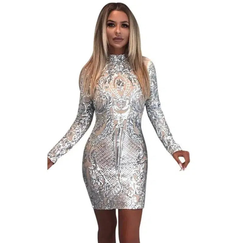 LOVEMI - Lovemi - Sexy High Neck Long Sleeve Sequin Elegant Party