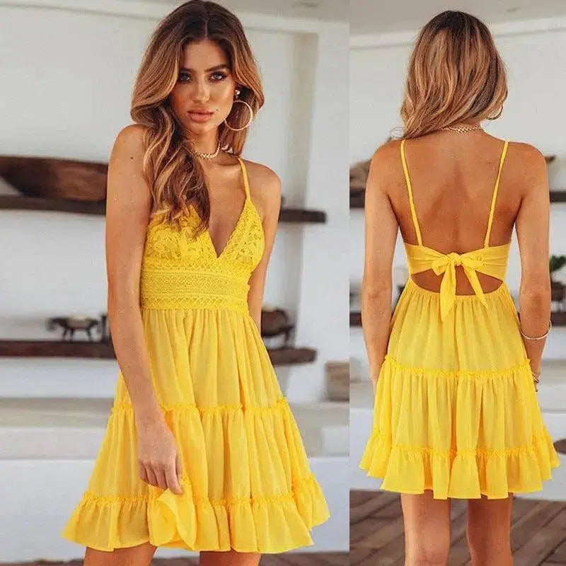 lace sling stitching bow princess dress-Yellow-34