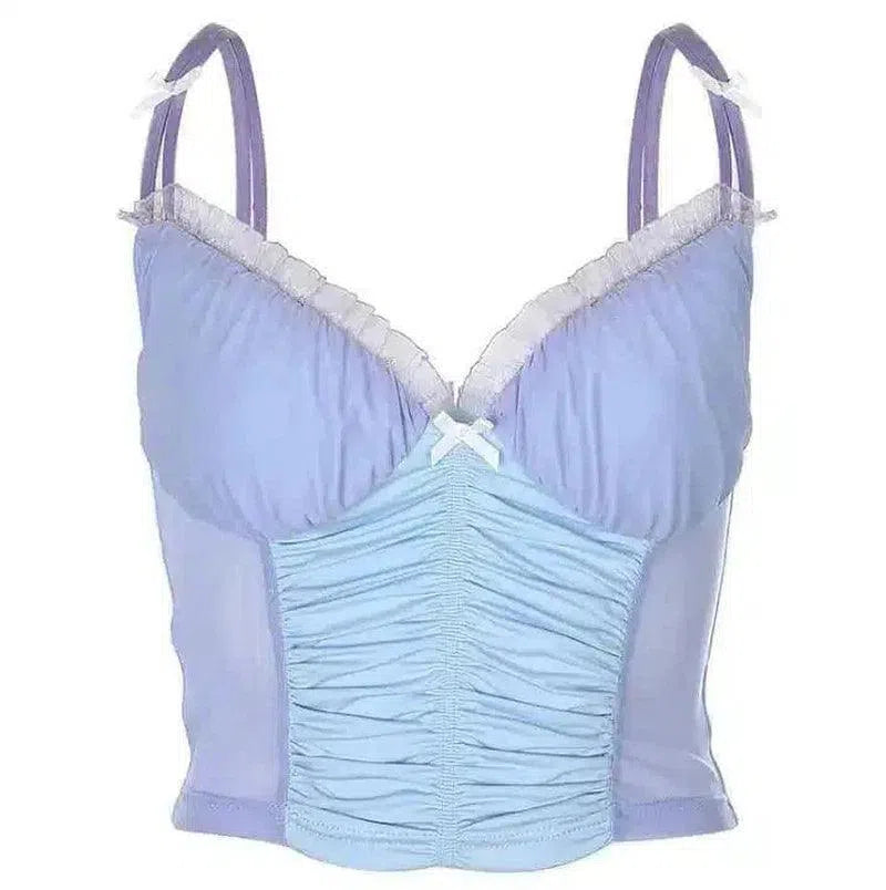 Womens Ruched Camisole Top with Lace Trim-Blue-2
