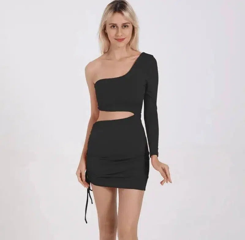 One Shoulder Cutout Long Sleeve Hip Dress-black-36