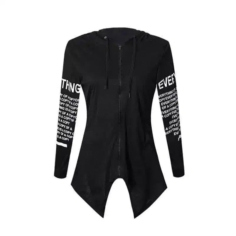 Zippered Hooded Asymmetric Hem Top-black-1