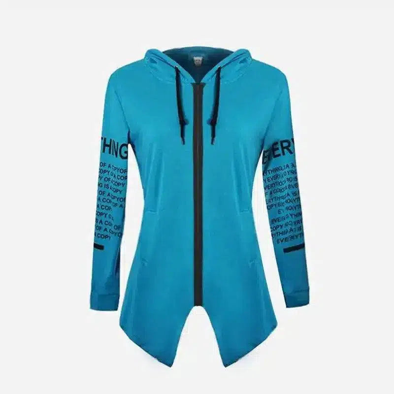 Zippered Hooded Asymmetric Hem Top-blue-2