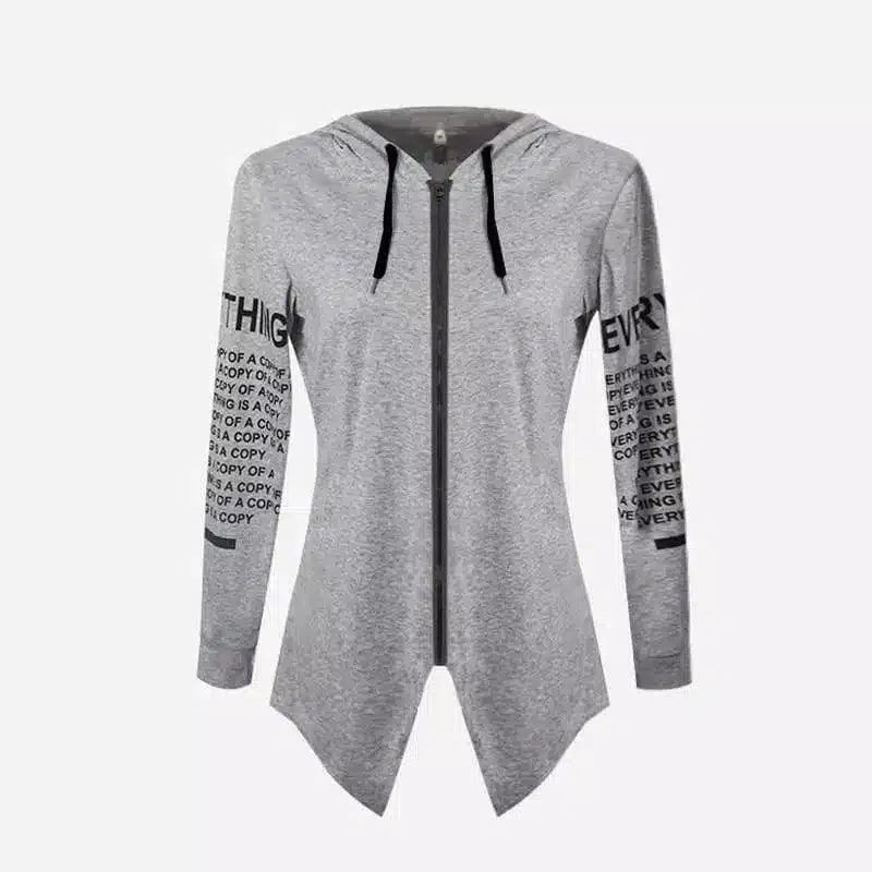 Zippered Hooded Asymmetric Hem Top-gray-4