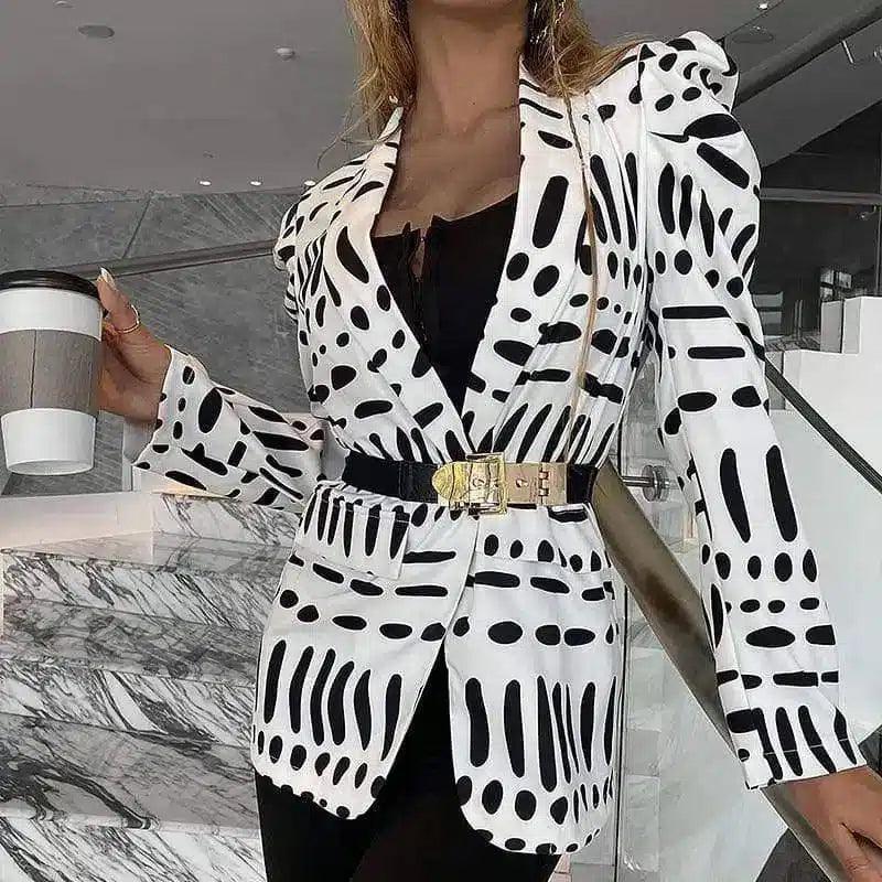 Women's Belted Printed Blazer Jacket-White-1