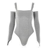 Women's Ribbed Bodysuit with Arm Warmers-Grey-2