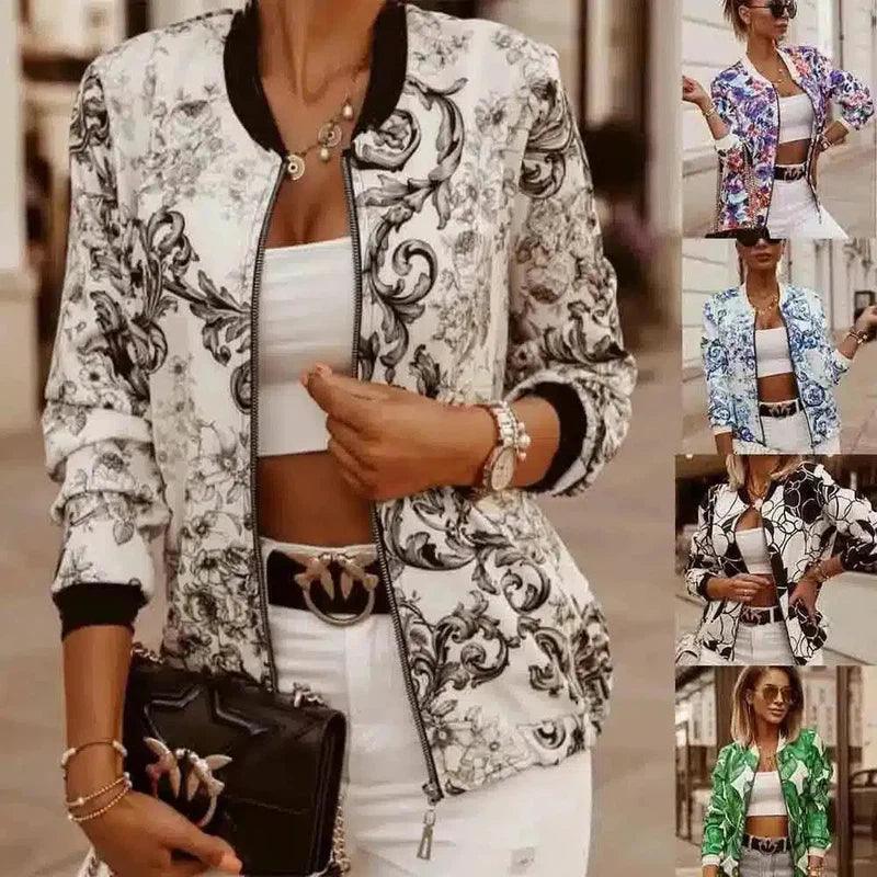 Women's Floral Zip-Up Casual Bomber Jacket-1