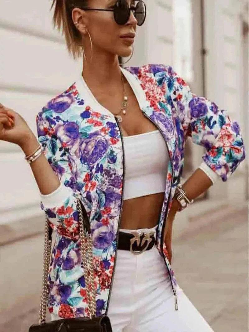 Women's Floral Zip-Up Casual Bomber Jacket-Purple-5