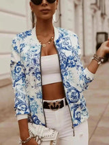 Women's Floral Zip-Up Casual Bomber Jacket-Light Blue-6