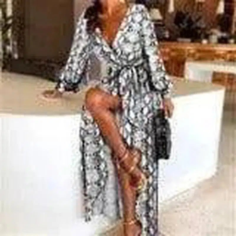 Slit Dress Printed V-neck Pullover Long Skirt-Picture3-22