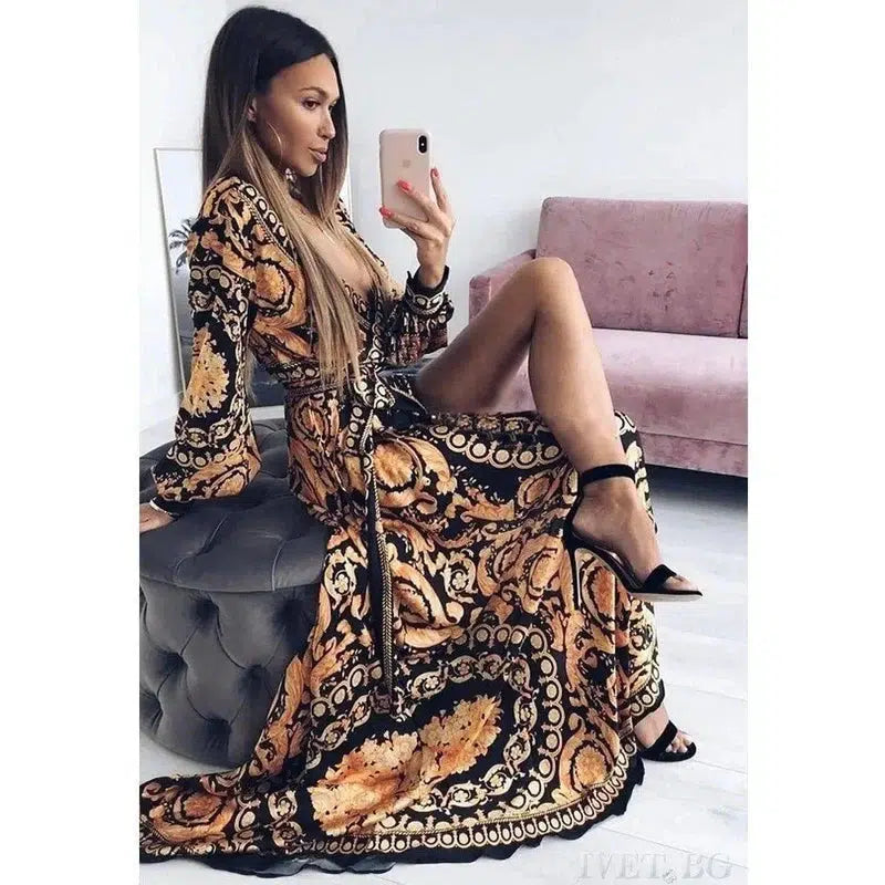 Slit Dress Printed V-neck Pullover Long Skirt-9