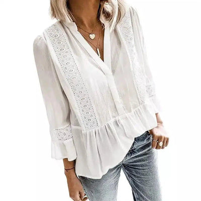 Lace Detail Women's Casual V-Neck Blouse-White-1