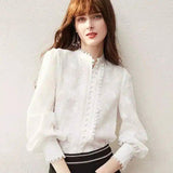 Lace Trimmed Elegant Women's Blouse-White-1