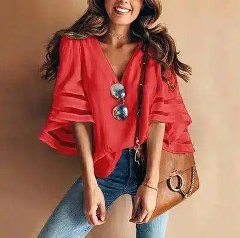 Women's Casual V-Neck Striped Sleeve Blouse-Red-6