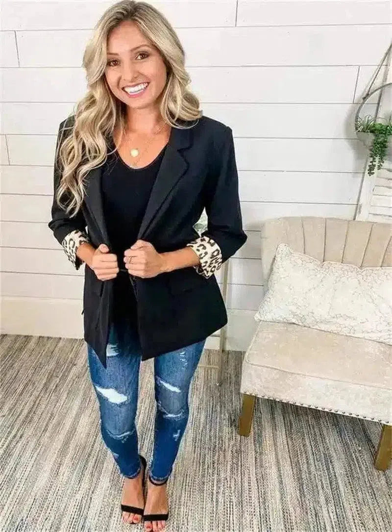 Women's Blazer with Leopard Print Cuffs-Black-1