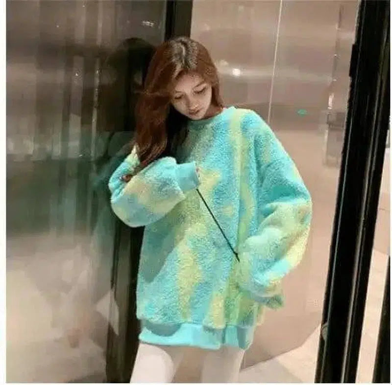 Student Loose Coat Color Tie-dye Thickened Imitation Lamb-Yellowgreen-2