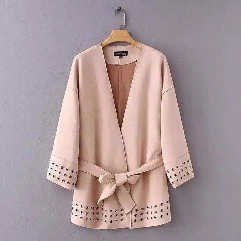 Women's Belted Kimono Jacket with Cut-Outs-Light pink-2