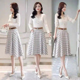 Woman's Knit Top and Plaid Midi Skirt Set-Apricot-2