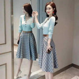 Woman's Knit Top and Plaid Midi Skirt Set-Blue-3