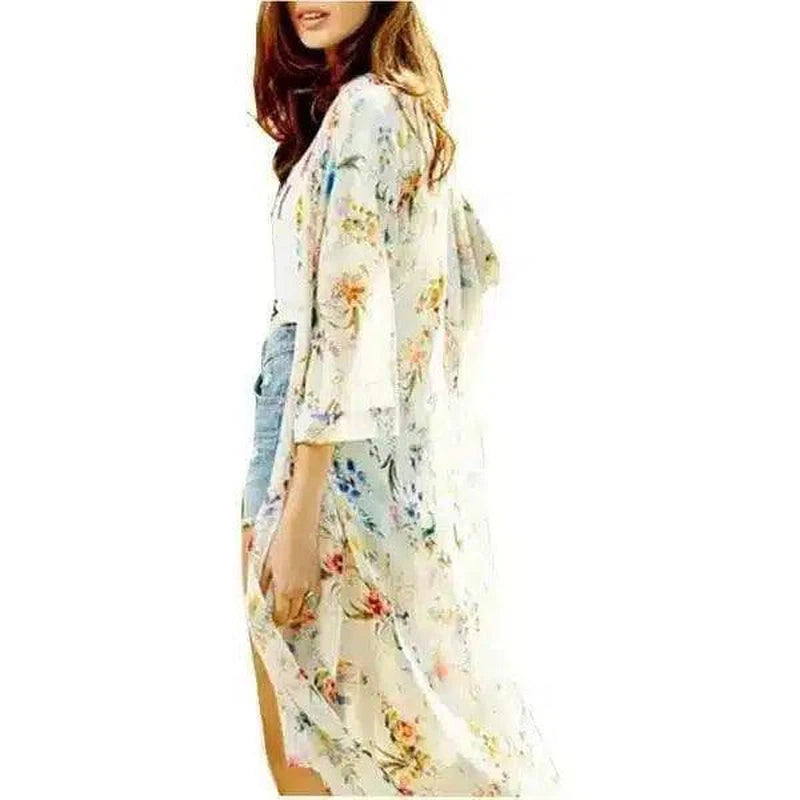 Chiffon Long Cardigan - Floral Elegance-Beige-1