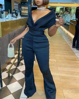 Elegant V-Neck Jumpsuit with Flared Pants-Blue-2