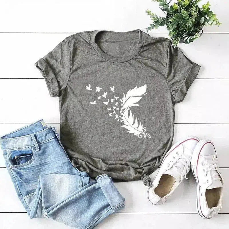 Women's Feather Print Casual T-Shirt-Grey-1