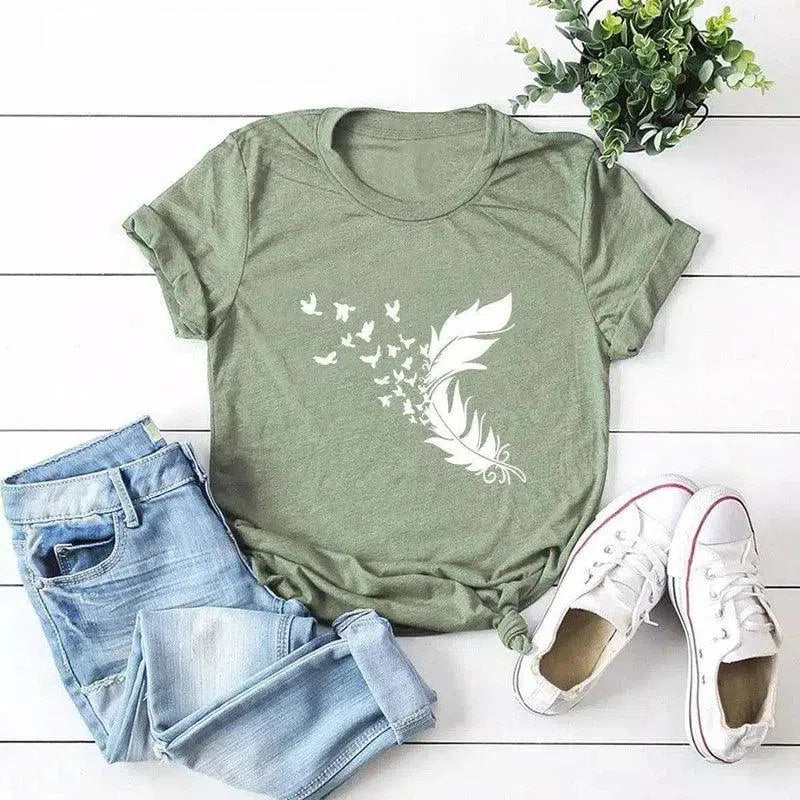 Women's Feather Print Casual T-Shirt-Green-3