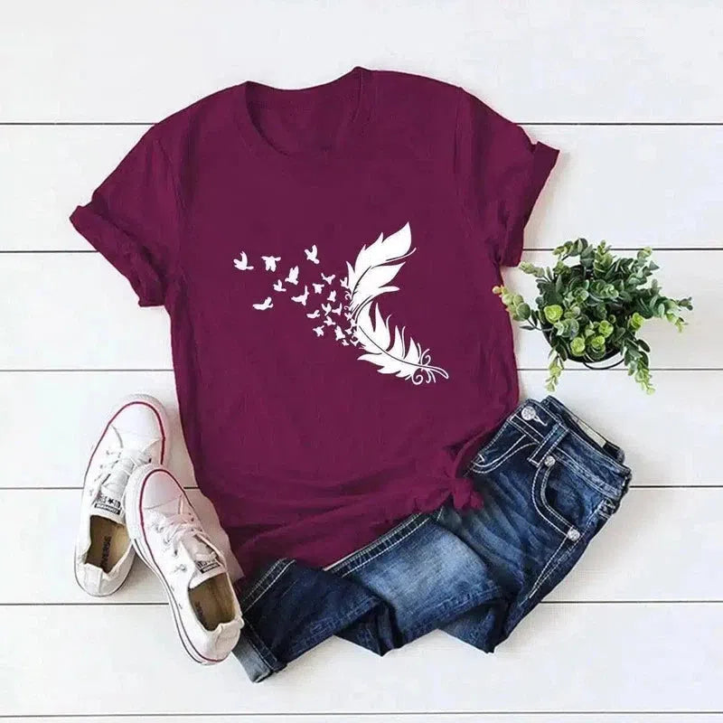 Women's Feather Print Casual T-Shirt-Wine Red-4