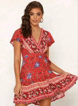 Summer V-neck bohemian print dress skirt women-Redwine-14