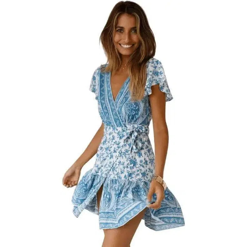 Summer V-neck bohemian print dress skirt women-Skyblue-19