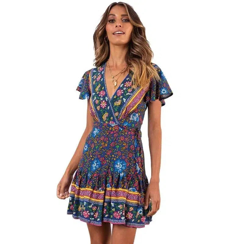 Summer V-neck bohemian print dress skirt women-23