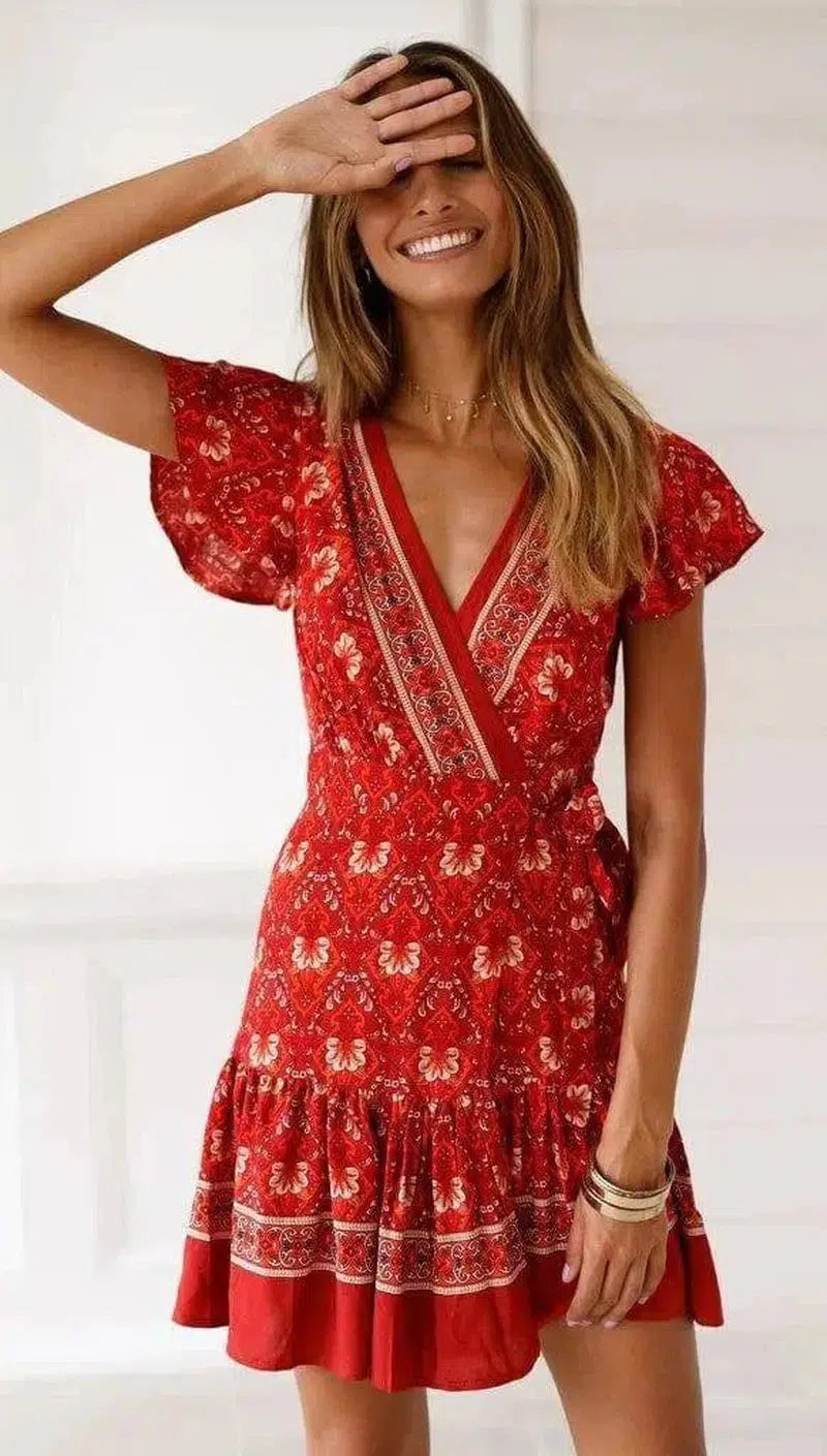 Summer V-neck bohemian print dress skirt women-Red-43