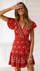 Summer V-neck bohemian print dress skirt women-Red-71