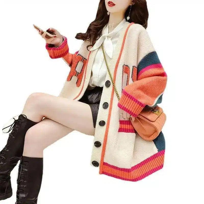 Women's Oversized Knit Cardigan with Stripes-1