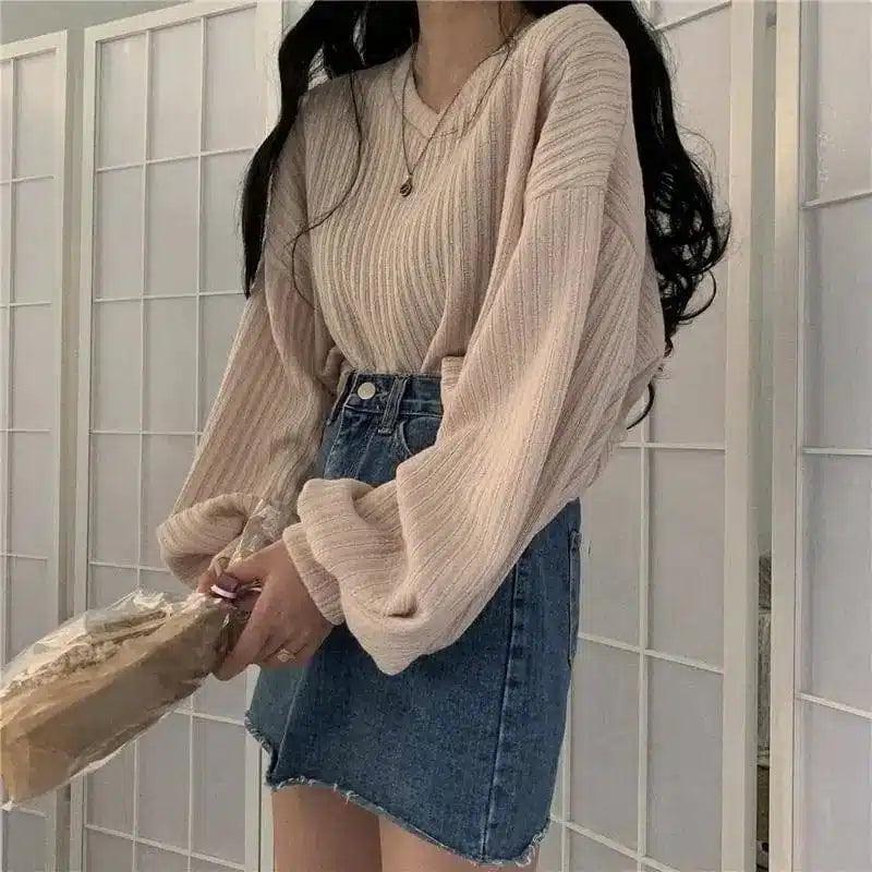 Women's Casual V-Neck Knit Sweater-Apricot-3