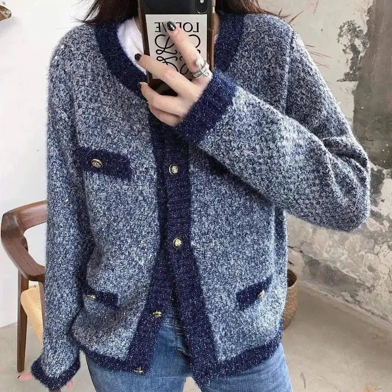 T4357 small fragrant knit cardigan-Grey blue-2