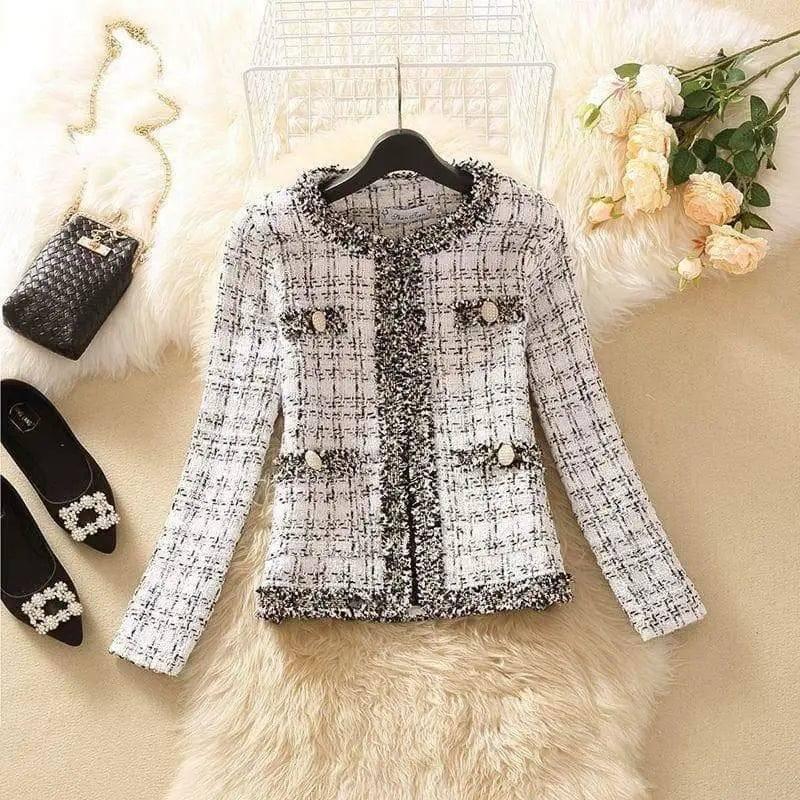 Temperament Celebrity Long Sleeve Tweed Slim Fitting Jacket-White-2