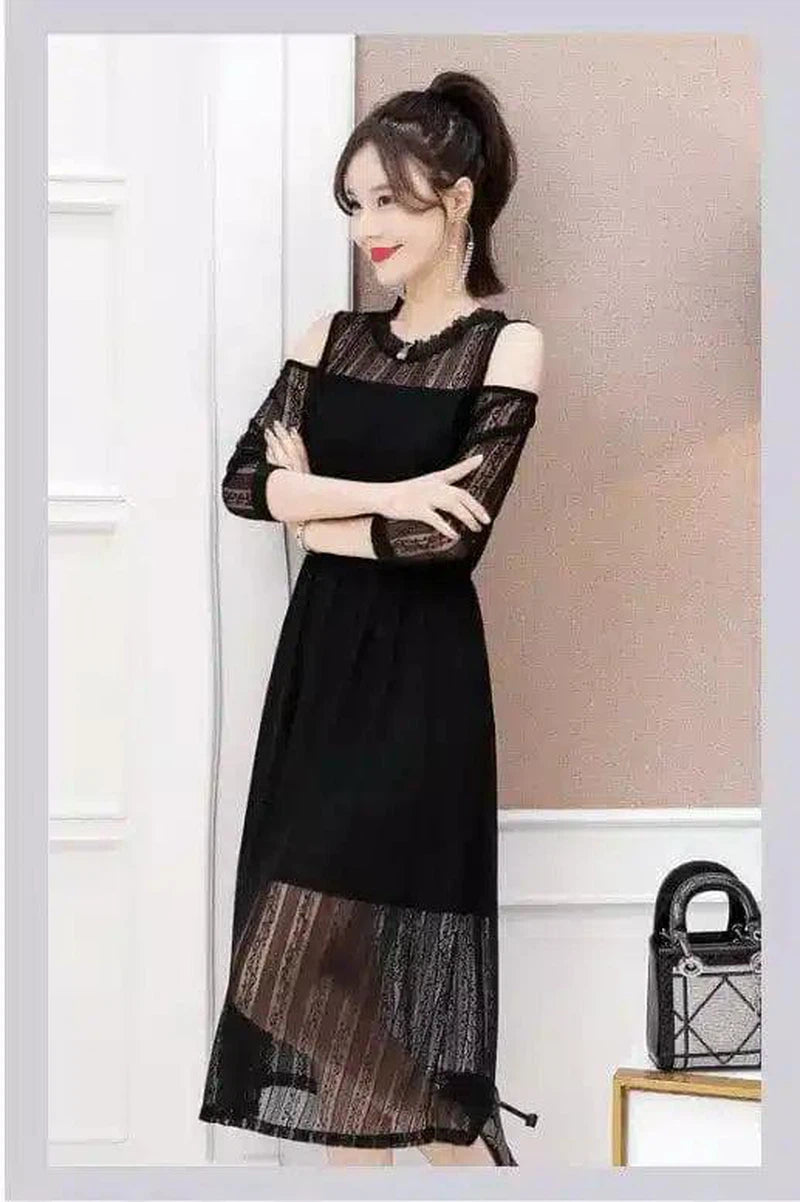 Elegant Midi Dress with Sheer Sleeves-Black-3