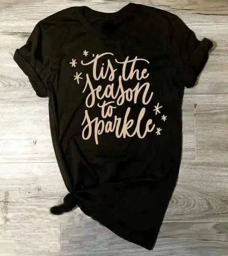 Festive Graphic Tee with Sparkle Slogan-Black-1