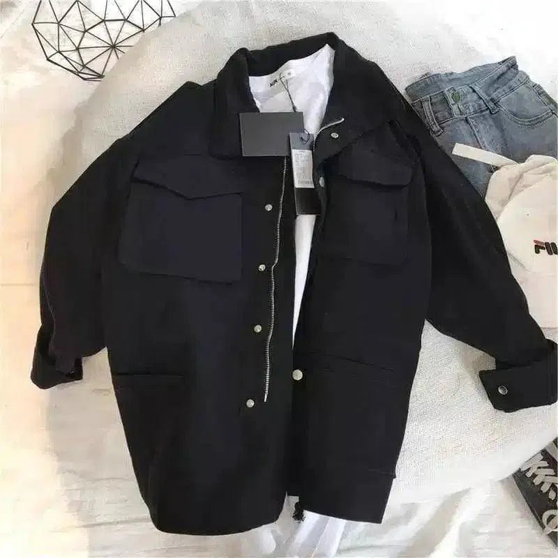Casual Cotton Jacket with Pockets for Unisex-Black-2
