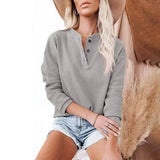 Top Solid Color V-Neck Long-Sleeved T-Shirt Polo Shirt Women-Grey-4