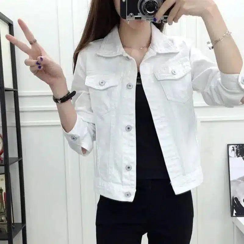 Women's Casual Denim Jacket-White-1