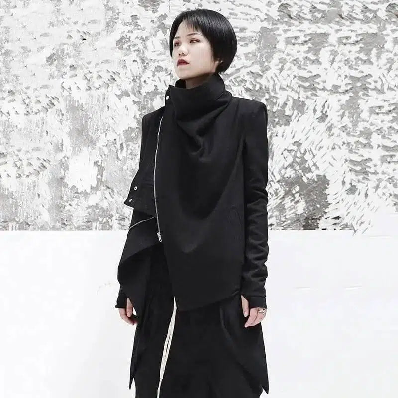 LOVEMI - Lovemi - Turtleneck Long Sleeve Black Zip Irregular Coat