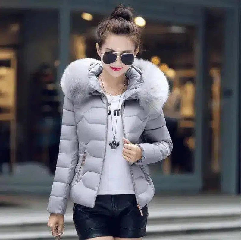 Fur Hooded Women's Winter Coat-Gray-5