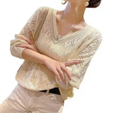 LOVEMI - Lovemi - V-neck Crochet Hollow Knit Sweater Blouse Women's